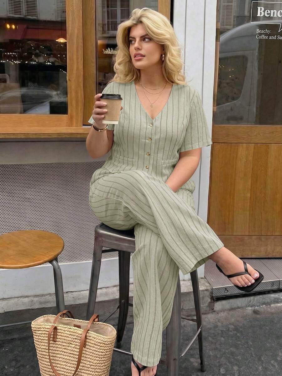 Dripcurv Plus Size Spring/Summer Casual Minimalist Versatile Striped 2 Pieces Suit Set, Women Blazer + Pants In Fall/Winter - Green - View 1
