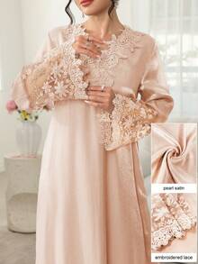 SHEIN Najma V-Neck Floral Embroidered Long Sleeve Patchwork Ruffle Hem Maxi Dress, Turkish & Arabic Traditional Style - Pink - View 2