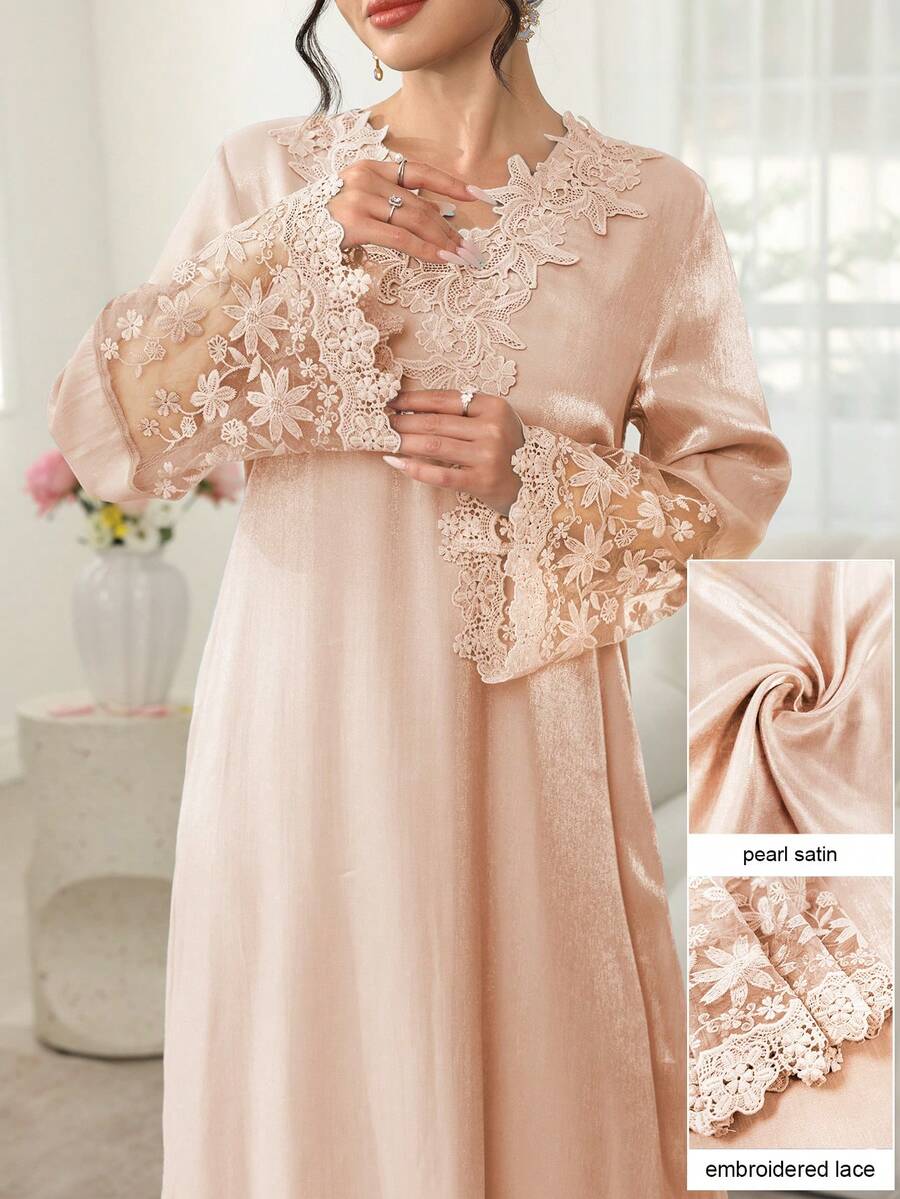 SHEIN Najma V-Neck Floral Embroidered Long Sleeve Patchwork Ruffle Hem Maxi Dress, Turkish & Arabic Traditional Style