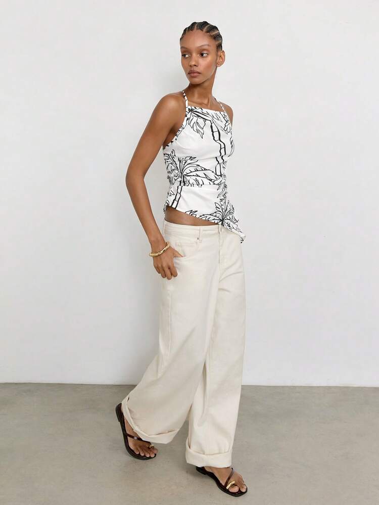 SHEIN Maija Damski top na ramiączkach z nadrukiem palm i dekoltem halter