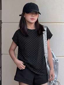 Dazy Kids 少女波点印花休闲时尚短袖T恤 - 黑色 - 查看 3