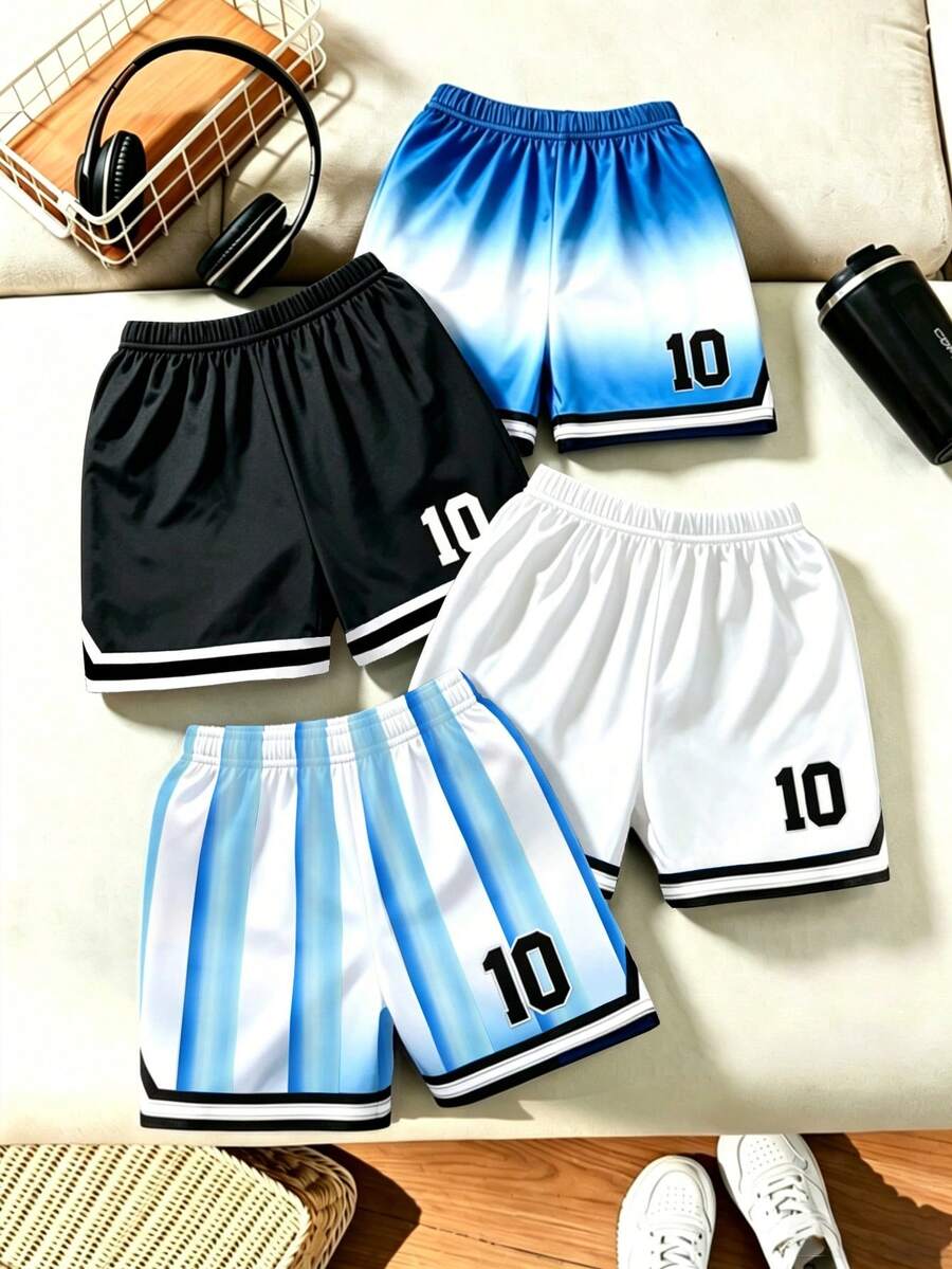 4件/組 青少年男孩休閒漸層印花「10」圖案運動短褲,寬鬆版型,舒適,適合夏季戶外活動 - 彩色 - 查看 1
