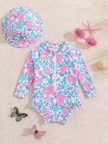 SHEIN Bộ đồ bơi liền thân tay dài in hoa cho trẻ sơ sinh - Hồng - Xem 3