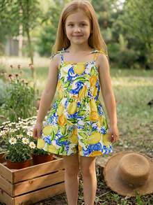 SHEIN Jumpsuit Kasual Motif Lemon Tenun untuk Anak Perempuan - Kuning - View 7