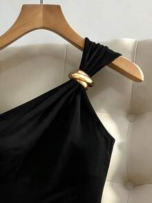 SHEIN Franclia Women's Solid Color Asymmetrical Shoulder Sleeveless Summer Fashionable Minimalist Design Top - Black - View 4