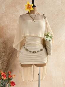 Soleia Party Gold Sequin Sheer Asymmetric Shoulder Loose Top & Ruched Hem Bodycon Mini Dress 2 Piece Set,Light Beige,Summer,Boho,Beach Vacation,Holiday - Gold - View 1