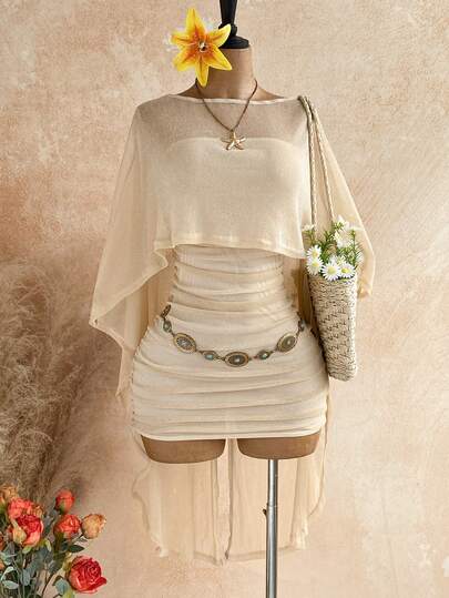 Soleia New Sexy Party Gold Sequin Sheer Asymmetric Shoulder Loose Top & Ruched Hem Bodycon Mini Dress 2 Piece Set, Bohemian, Boho, Vacation, Vintage, Holiday, Beach, Cruise
