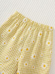 Cozy Pixies 2件套女婴碎花装饰圆领短袖上衣和格子短裤套装 - 黃色 - 查看 5