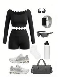 SHEIN Cheerettes 女士纯色弧形下摆长袖T恤和短裤运动套装 - 黑色 - 查看 1