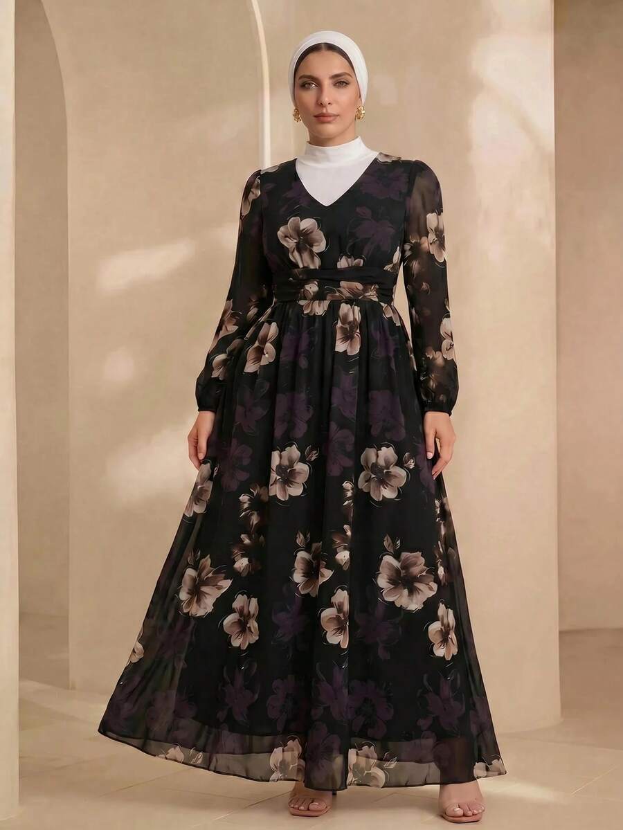 Graceveil Romantic Chiffon Floral Print Long Sleeve A-Line Plus Size Maxi Dress, Spring/Summer Elegant Vacation - View 1