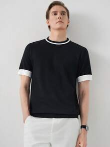 EGENSIO 男士休闲日常通勤百搭撞色短袖针织衫 - 黑色 - 查看 5