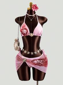 Zestiva Conjunto de bikini con cuello halter y estampado floral con falda con volantes para mujer - Multicolor - Ver 3