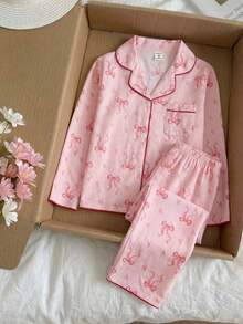 SHEIN 女学生睡衣，女孩可爱樱桃印花长裤和长袖休闲两件套家居服套装 - 彩色 - 查看 4