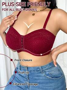 Romantic Lace Plus Size Front-Closure Women's Lingerie - Burgundy - View 3
