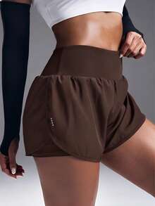 Powerista Solid Color High Waist Double Layer Sports Shorts Women's Elastic Waist Double-Layer Casual Fitness Shorts Women's Elastic Waist Zipper Pocket Daily Fitness Double-Layer Sports Shorts Elastic Waist Sports Shorts With Phone Pocket Flowy Shorts Women Sweat Short, Gym Short, Biker Short For Daily Wear Yoga Yoga Studio Gym Indoor Outdoor Active - Brown - View 6