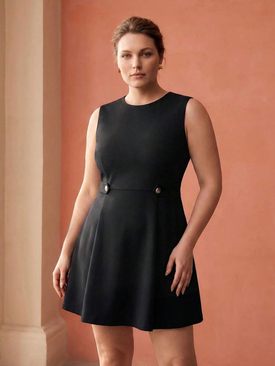 MOTF PREMIUM PLUS SIZE WOMEN'S ROUND NECK METAL DECOR BUTTON SIMPLE ELEGANT COMMUTER DINNER EVENING FORMAL OFFICE BLACK DRESS, SPRING/SUMMER TEACHERS' DAY - Black - View 1