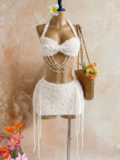 Soleia Spring/Summer New Casual Vacation Western Beach Wedding Guest Attire Graduation Brunch Outfit, St. Patrick's Day Spring Break Easter Music Festival Elegant Boho Tropical Chic Orange Tassel Tie Sleeve Pearl Decor Women 2-Piece Sweater Set