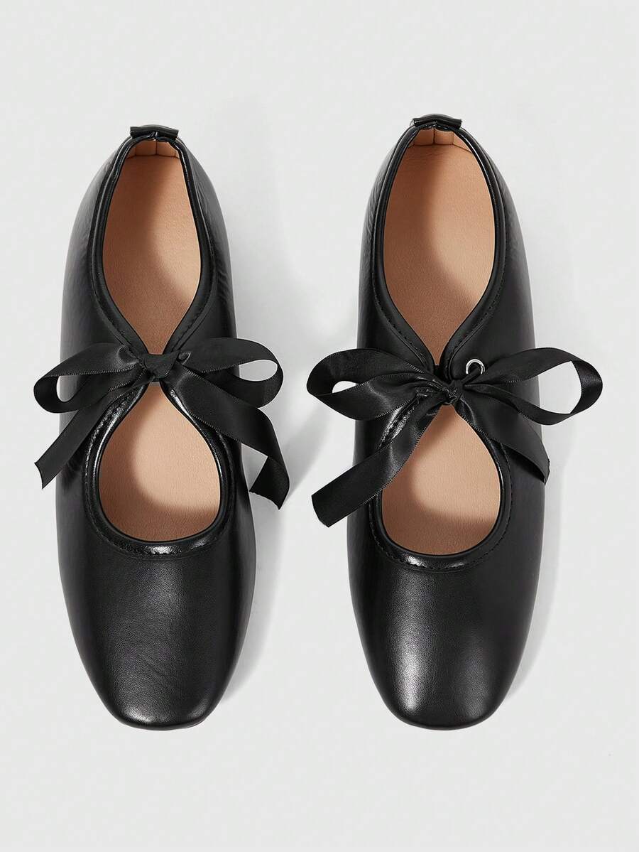 ROMWE Kawaii Brown Loafers Closed Toe Mary Jane Leather Shoes, Bow Lolita Ballet Flats For Women - Black + strap - View 1