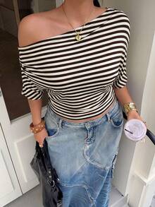 Muchica Plus Size Summer Casual Asymmetric Neck Striped Short Sleeve T-Shirt - Brown - View 1