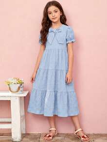 SHEIN 青少年女孩編織純色圓領泡泡袖休閒洋裝 - 藍色 - 查看 3
