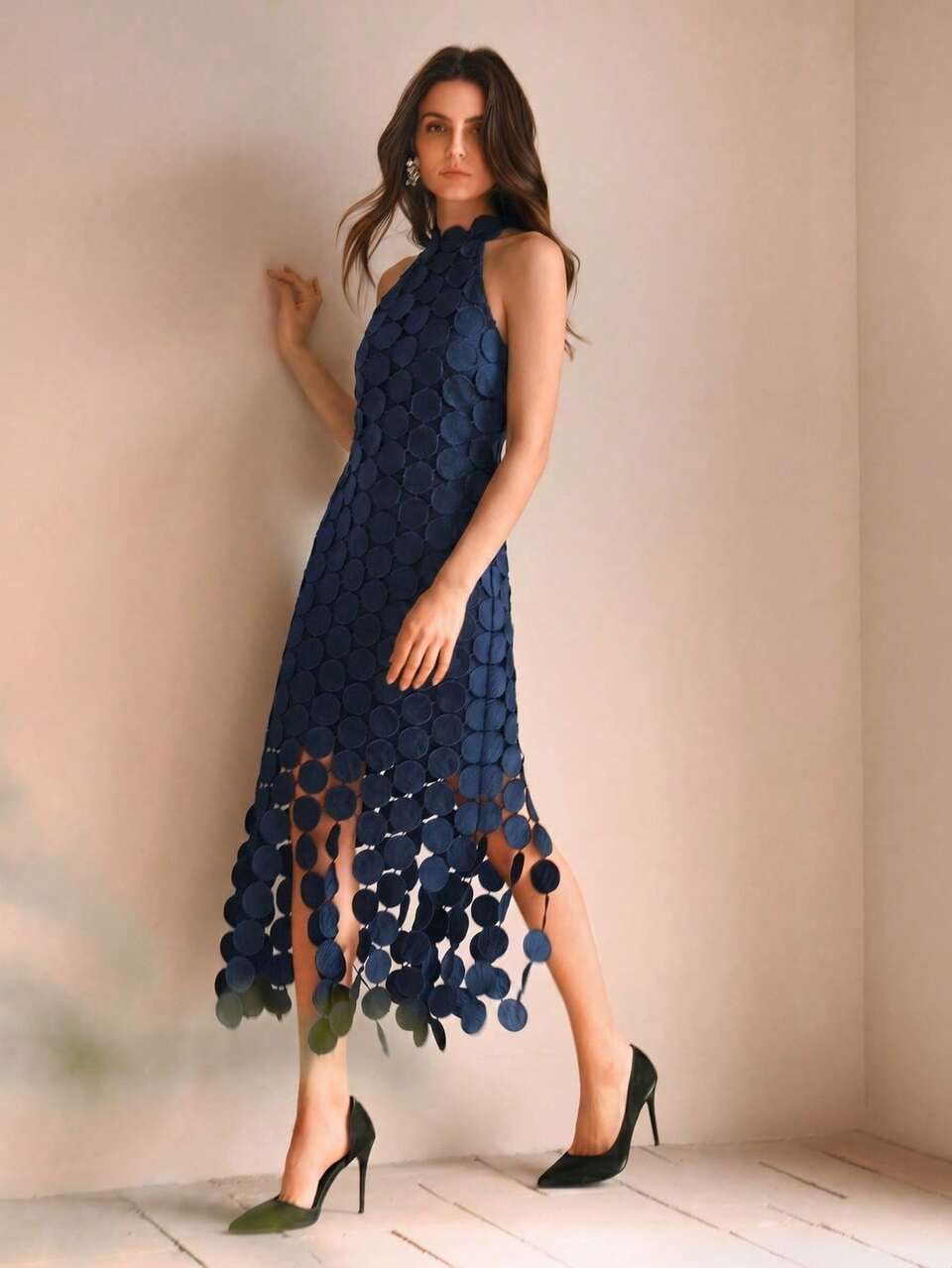 Elegant Party & Beach Vacation Sleeveless Round Disc Tassel Mini Dress, High-End Exquisite Navy Blue