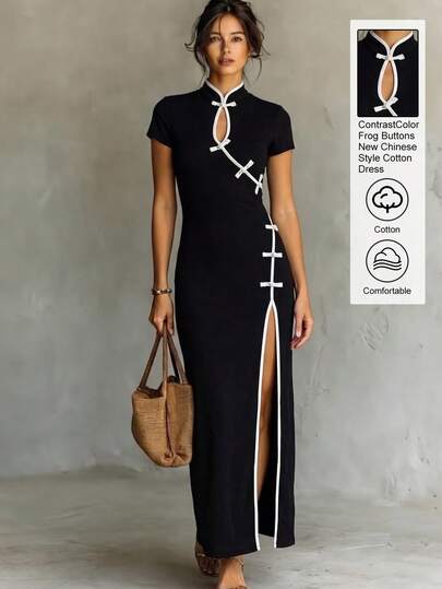 SHEIN Raffinéa Fashionable Women's Chinese New Year Buckle Dress, Elegant New Chinese Style Dress, Contrast Color Trim Long Dress