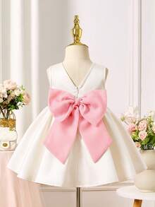 SHEIN Baby Girl Woven Contrast Color Bow Decor Round Neck Sleeveless Casual Elegant Dress Wedding Guest White And Pink Summer - Multicolor - View 2