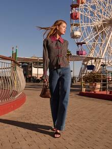 Nöista Plaid Shirt With Fuchsia Collar. Fall, Office Wear, Brunch, Casual Chic Style. - Black - View 5