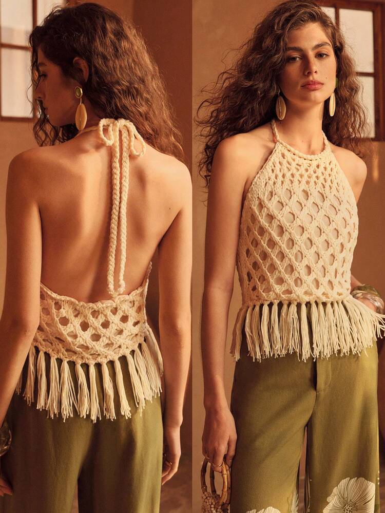 WOMEN'S SPRING/SUMMER VACATION WOVEN TASSEL HALTER TOP