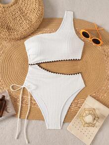 Swim Chiccia Plain White Asymmetrical Textured One-Piece Swimsuit For Women With Side Drawstring - White - View 7
