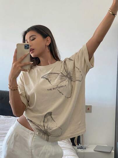 DAZY Women's Summer Butterfly And Letter Print Round Neck Drop Shoulder Loose Casual T-Shirt Y2k Graphic Tee Oversized T-Shirt