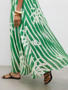 Maija Đầm sọc cây cọ xanh cho nữ, đầm chiffon không tay xếp ly xòe rộng dáng suông đi biển. - màu xanh lá - Xem 7