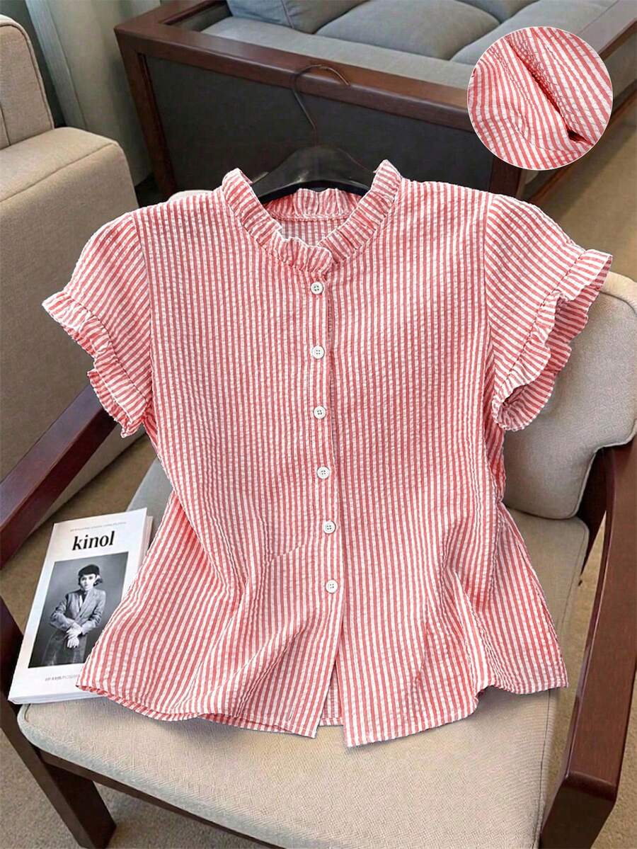 Franclia Women's Short Sleeve Ruffle Collar Front Button Striped Shirt - Hot Pink - View 1