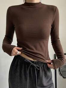 DAZY Women's Turtleneck Long Sleeve Fitted Basic T-Shirt, Casual & Fashionable For Everyday Wear,Fall Clothes - Coffee Brown - View 8