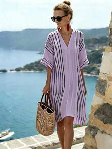 SHEIN Holidaya 女士条纹V领宽松休闲短袖连衣裙 - 淡紫色 - 查看 5