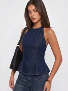 Avantive Women's Casual Denim Halter Neck Top For Daily Wear Night Navy Blue Summer - Dark Wash - View 5