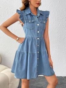 SHEIN Frenchy 女款輕量牛仔帽袖洋裝，適合秋季，休閒復古 70 年代 90 年代風，時尚舒適，淺藍色牛仔度假旅行穿搭 - 中等水洗藍 - 查看 5