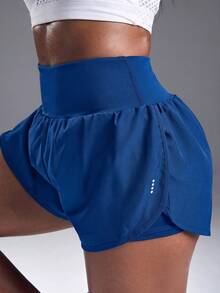 Powerista Pantaloncini sportivi a vita alta a doppio strato di colore unito - Blu - Visualizzare 5