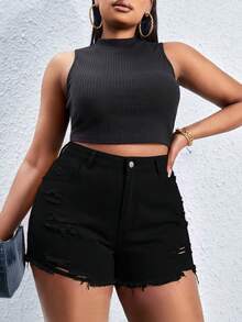 SHEIN SXY Pantalones cortos vaqueros de verano informales con unicolor, deshilachados y rotos, con presillas para cinturón, talla grande - Negro - Ver 4
