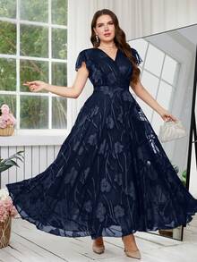 Reflora Plus Size Women's Elegant Floral Print Dress, Summer Wedding Guest Dress - Navy Blue - View 7