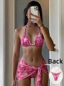 Bonvoyette Women's Random Print Halter Metal Decor Mini Skirt 3-Piece Bikini Set, Spring/Summer - Multicolor - View 1