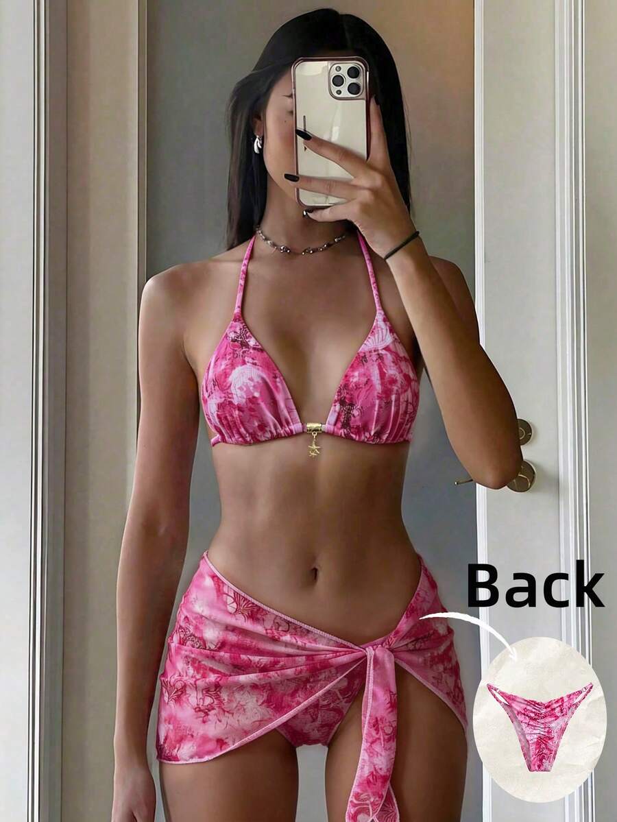 Bonvoyette Women's Random Print Halter Metal Decor Mini Skirt 3-Piece Bikini Set, Spring/Summer - Multicolor - View 1