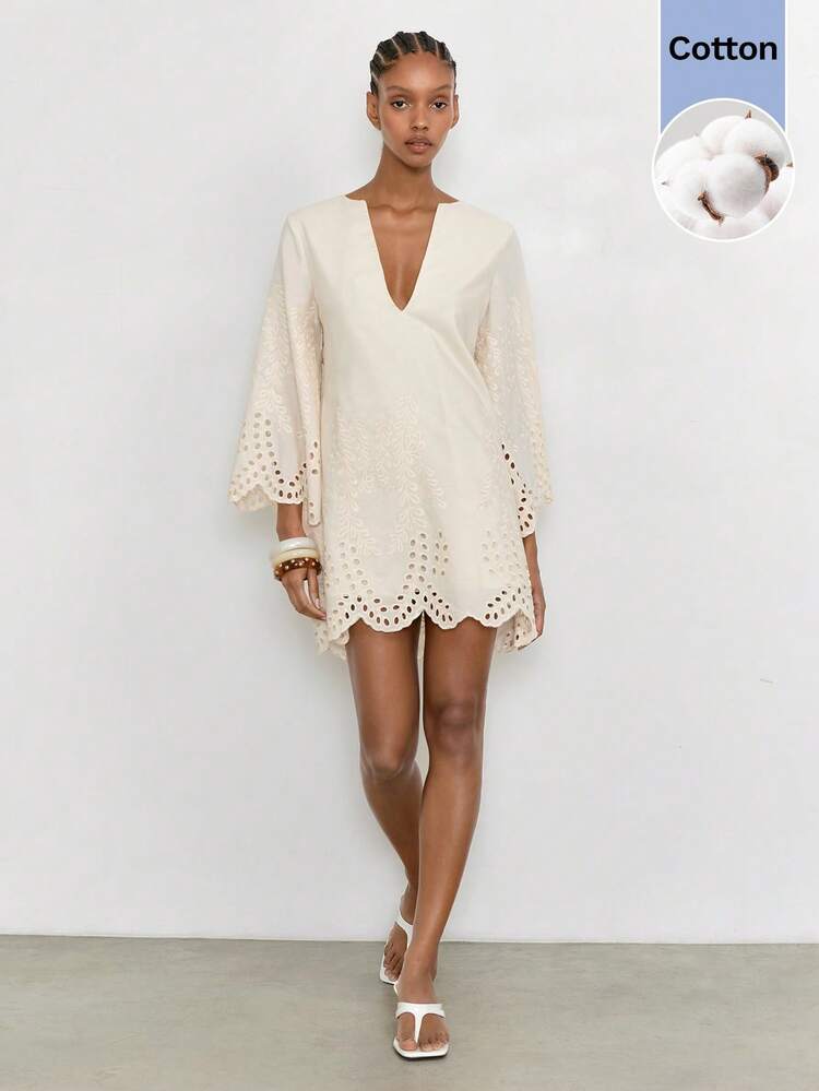 SHEIN Maija Women's Deep V-Neck Hollow Out Embroidered Casual Boho Mini Dress Holiday Holiday Vacation Off-White Summer,Going Out Outfits,Dresses For Women Summer
