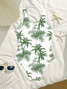 SHEIN 一件随机印花少女连体泳衣，清新夏威夷风，纯白底色搭配水彩绿色棕榈树印花，宽肩带设计，针织面料，时尚休闲，优雅大方，适合游泳、夏季度假、海滩、泳池、派对、休闲假期等场合。 - 彩色 - 查看 2