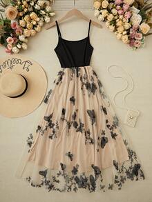 SHEIN LUNE Butterfly & Flower Embroidery Contrast Mesh Splicing Cami Dress With Spaghetti Straps Maxi Vacation Beach Outfits Women - Black - View 1