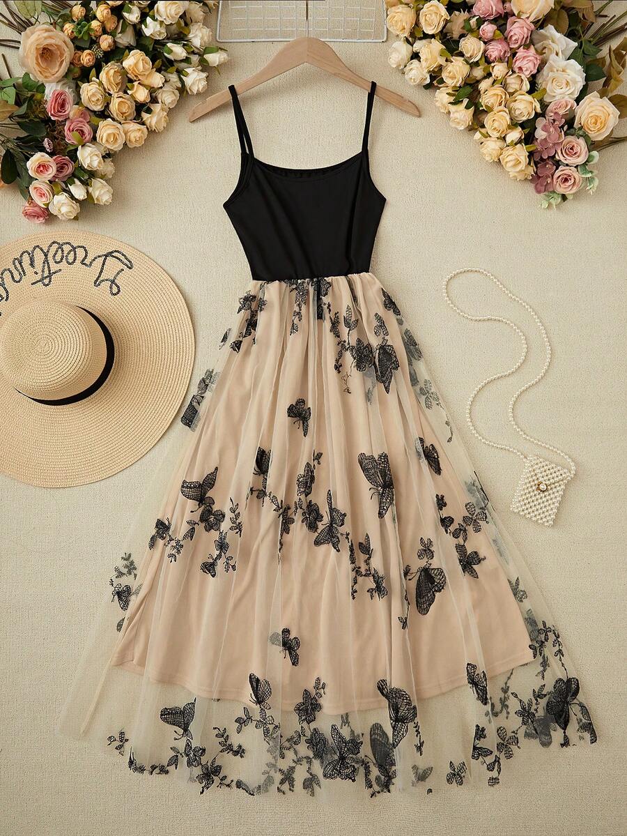 SHEIN LUNE Butterfly & Flower Embroidery Contrast Mesh Splicing Cami Dress With Spaghetti Straps Maxi Vacation Beach Outfits Women - Black - View 1