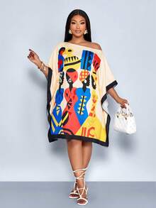SOLERSUN Plus Size Women Beige Summer Boho Vacation Holiday Dress,Elegant Slanted Asymmetrical Off Shoulder Mid Length,Abstract Geometric Print,Wedding Guest - Apricot - View 7