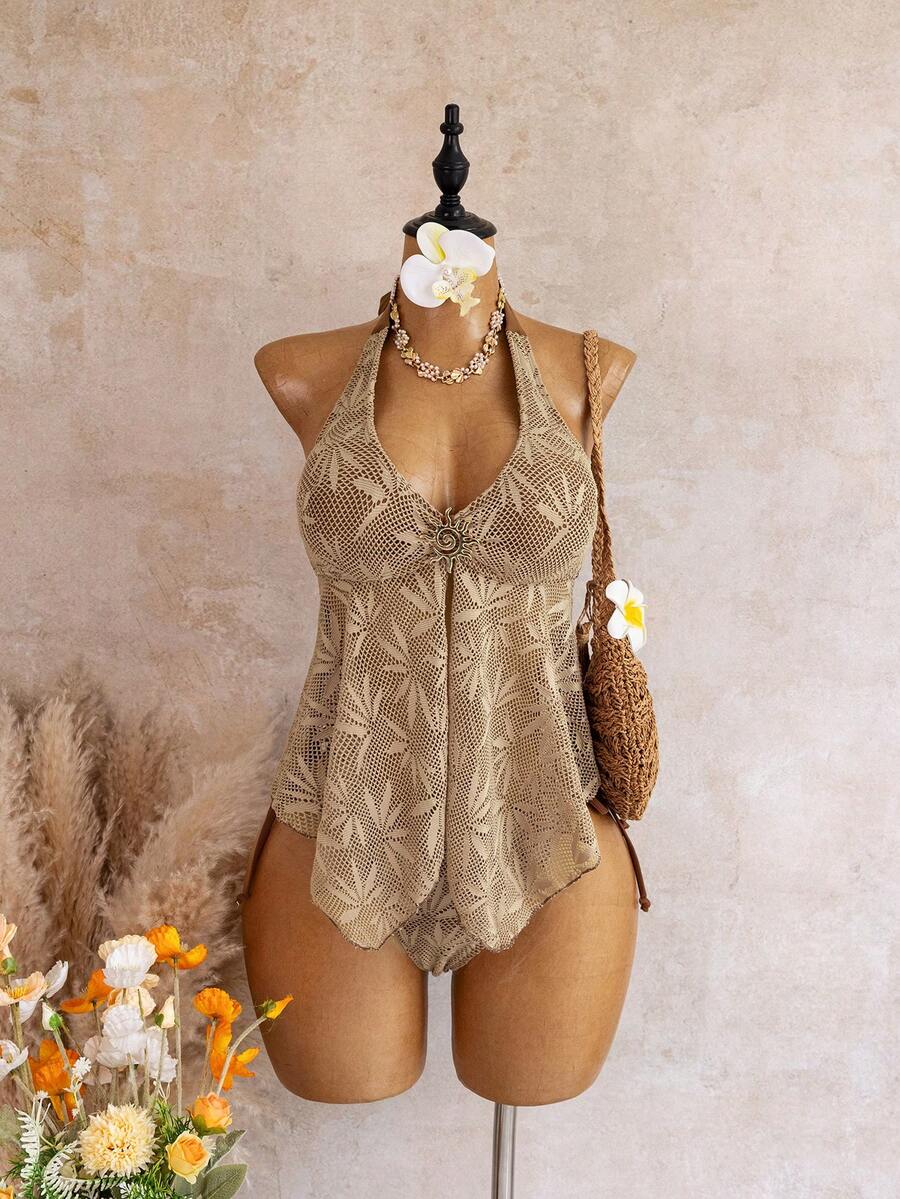 Bellisia Bộ tankini phong cách đi nghỉ mát, phối lưới, trang trí kim loại, cổ yếm thanh lịch kiểu Pháp - Cà phê nâu - Xem 1