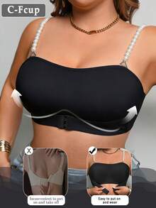 SHEIN Plus Size Black Wireless Bra, Front Closure, Pearl Strap, 1 Piece - Black - View 3