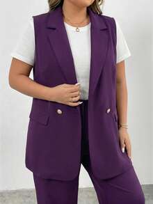 SHEIN CURVE+ Plus Size Lapel Collar Double Button Vest Blazer Workwear Graduation,Back To School,Teacher Outfits For Women In Fall/Winter - Purple - View 6